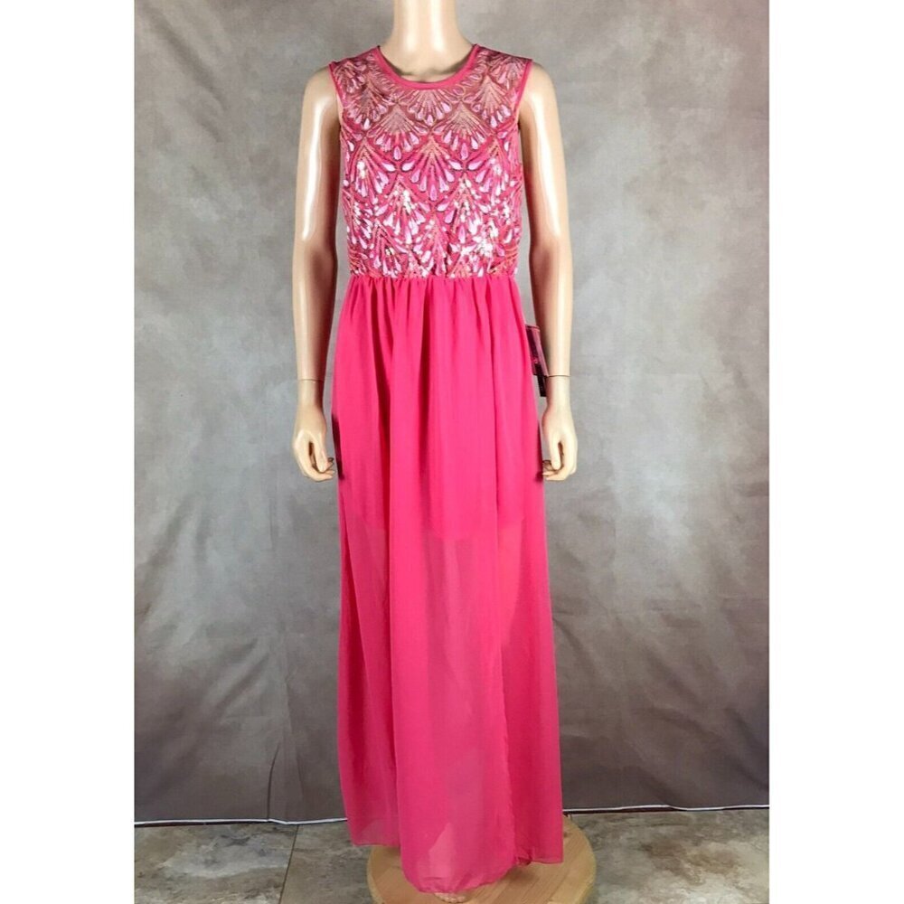 AS U WISH Juniors' Passion Pink Chiffon Sequined Maxi Dress NWT 9